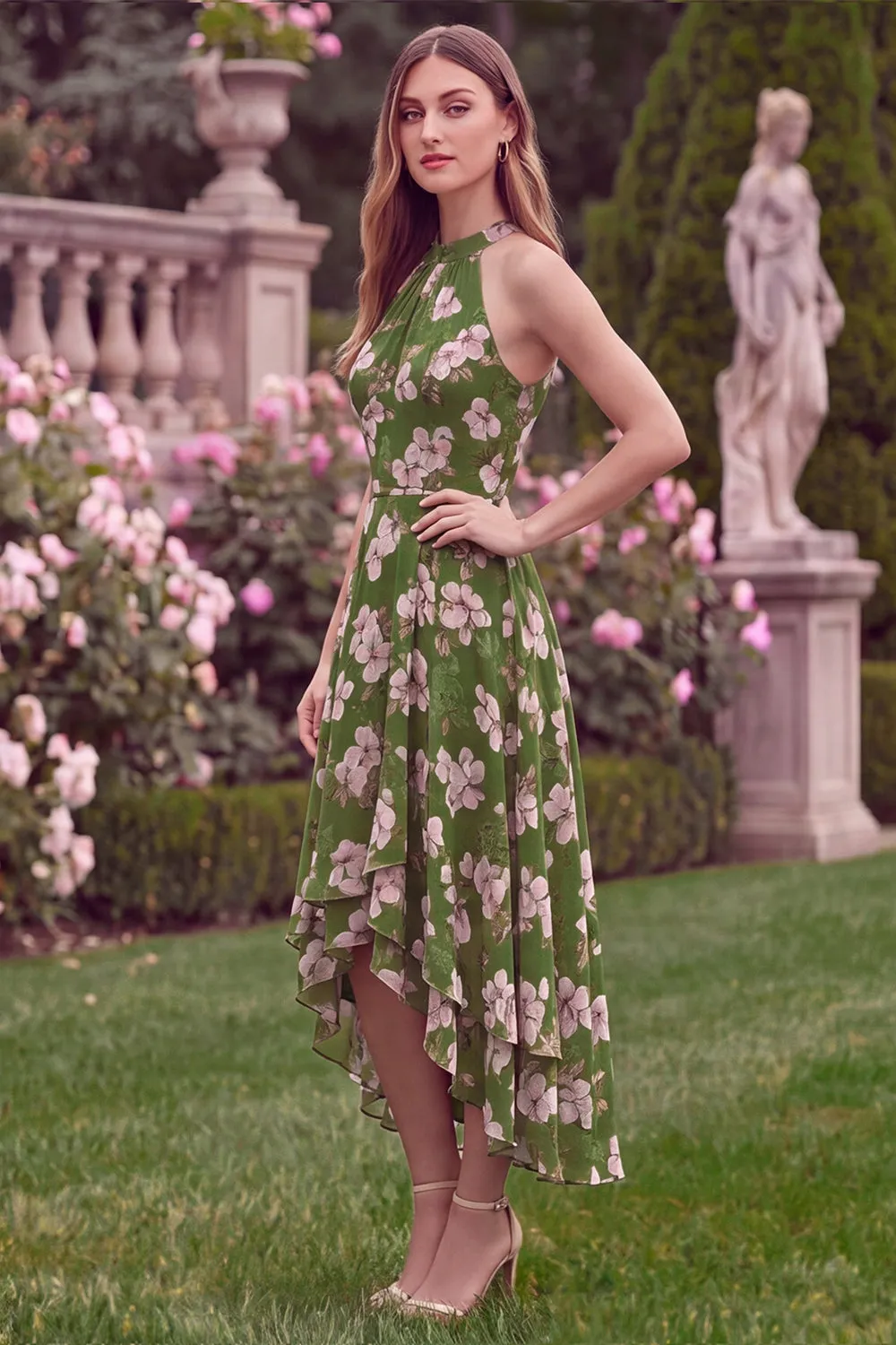 Halter Green Printed Flower A Line High Low Wedding Guest Dress sold by Wedtrend product image thumbnail 3
