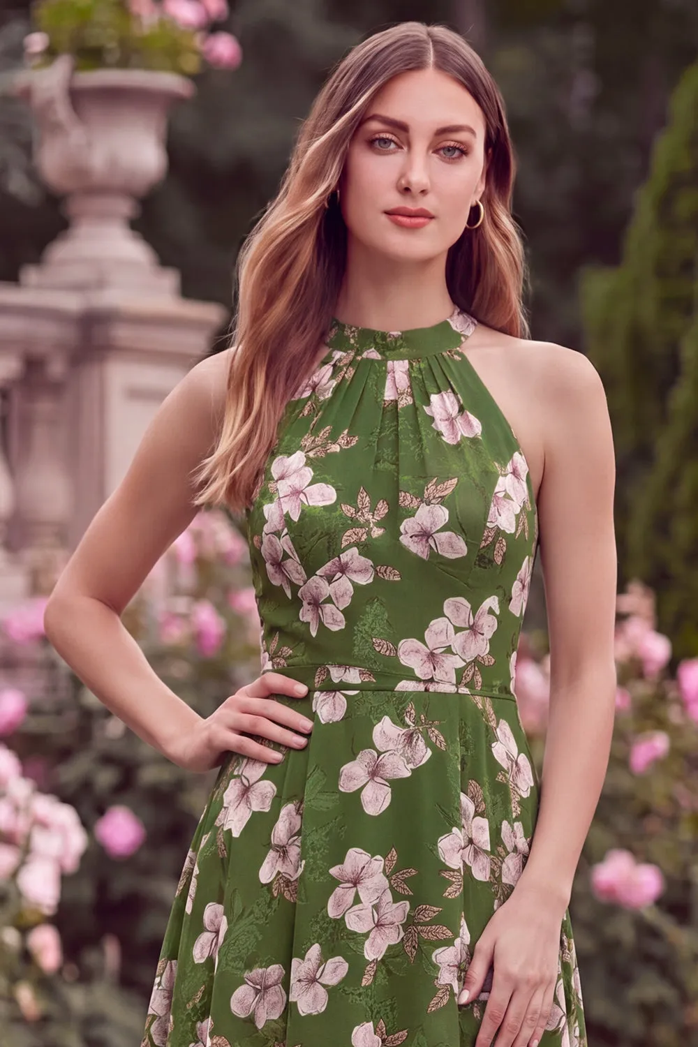 Halter Green Printed Flower A Line High Low Wedding Guest Dress sold by Wedtrend product image thumbnail 4