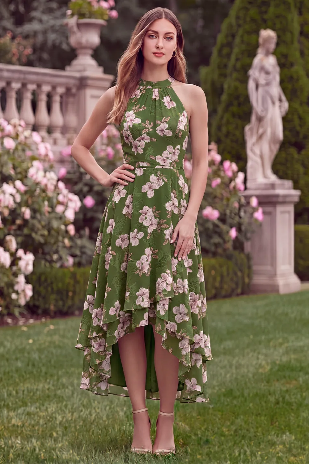 Halter Green Printed Flower A Line High Low Wedding Guest Dress sold by Wedtrend