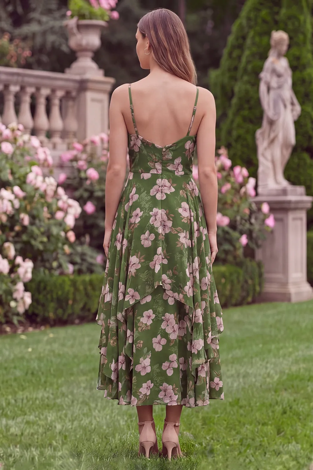 Floral A Line Spaghetti Straps Ruffled Green Wedding Guest Dress sold by Wedtrend product image thumbnail 2