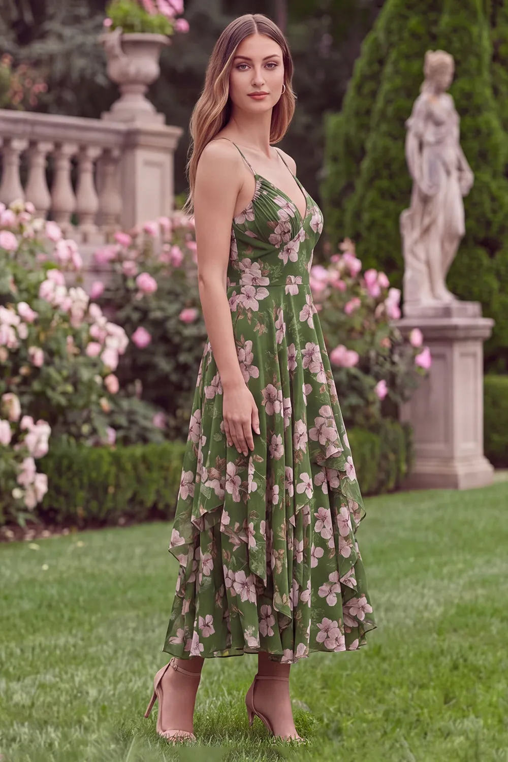 Floral A Line Spaghetti Straps Ruffled Green Wedding Guest Dress sold by Wedtrend product image thumbnail 3