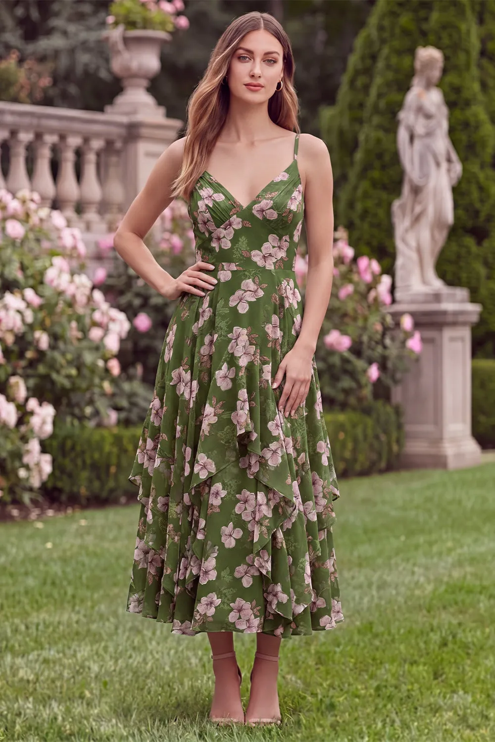 Floral A Line Spaghetti Straps Ruffled Green Wedding Guest Dress sold by Wedtrend