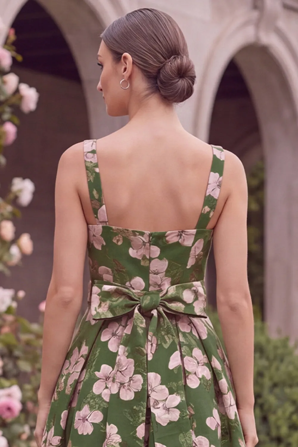 Green Printed Flower A Line Square Neck Wedding Guest Dress with Bow sold by Wedtrend product image thumbnail 3