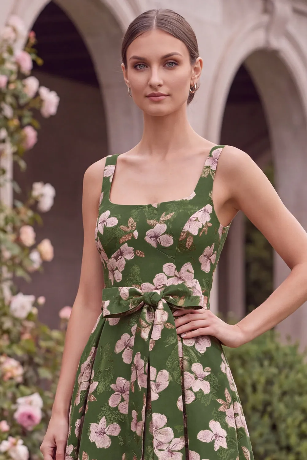 Green Printed Flower A Line Square Neck Wedding Guest Dress with Bow sold by Wedtrend product image thumbnail 4