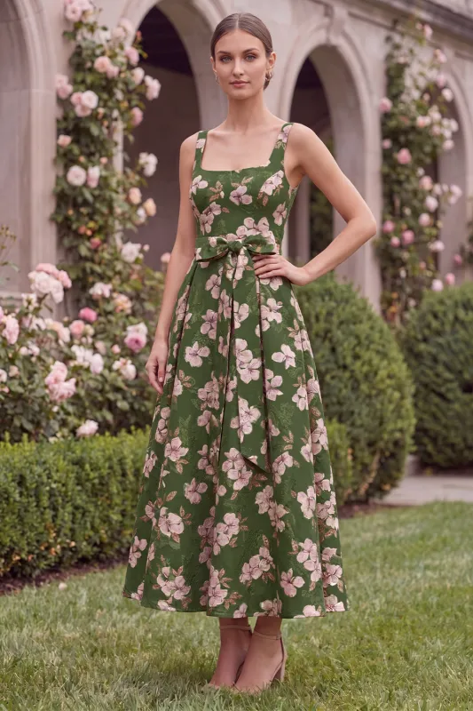 Green Printed Flower A Line Square Neck Wedding Guest Dress with Bow made by Wedtrend