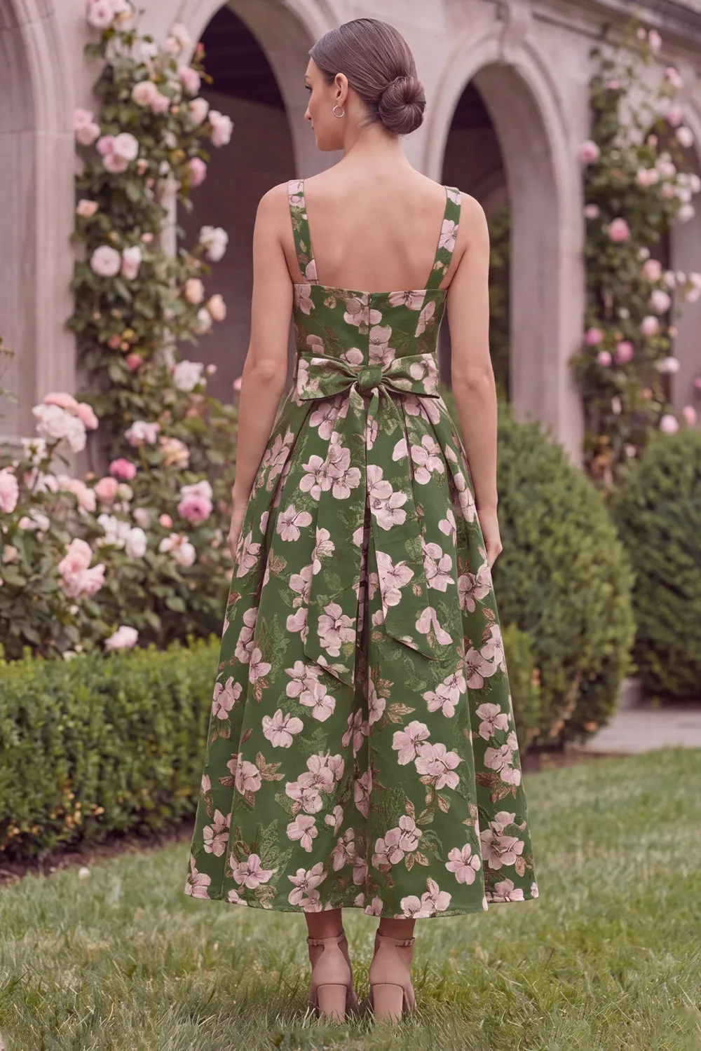 Green Printed Flower A Line Square Neck Wedding Guest Dress with Bow sold by Wedtrend product image thumbnail 2