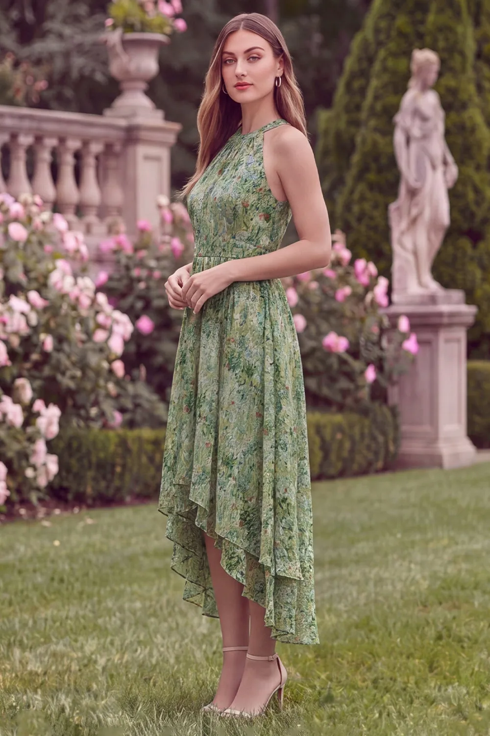 Halter A Line High Low Sage Flower Wedding Guest Dress sold by Wedtrend product image thumbnail 3