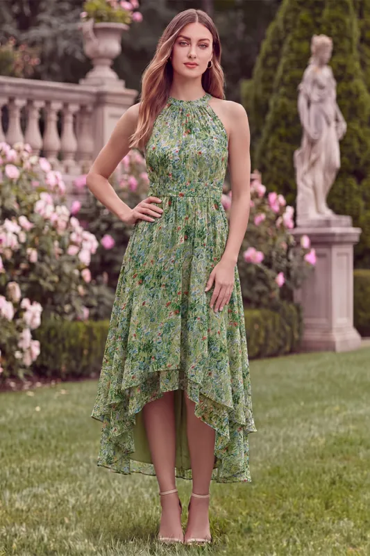 Halter A Line High Low Sage Flower Wedding Guest Dress made by Wedtrend