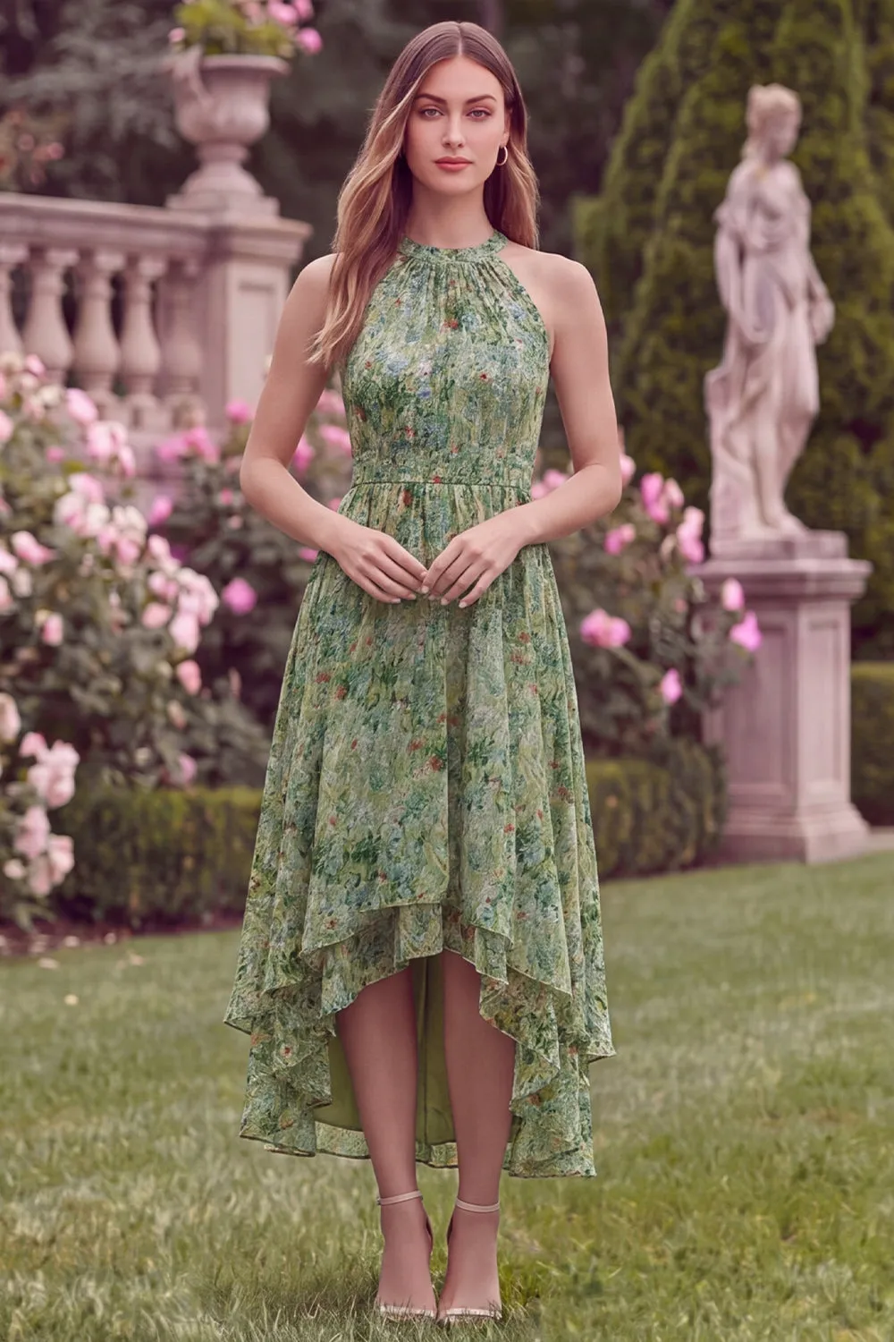 Halter A Line High Low Sage Flower Wedding Guest Dress sold by Wedtrend product image thumbnail 4