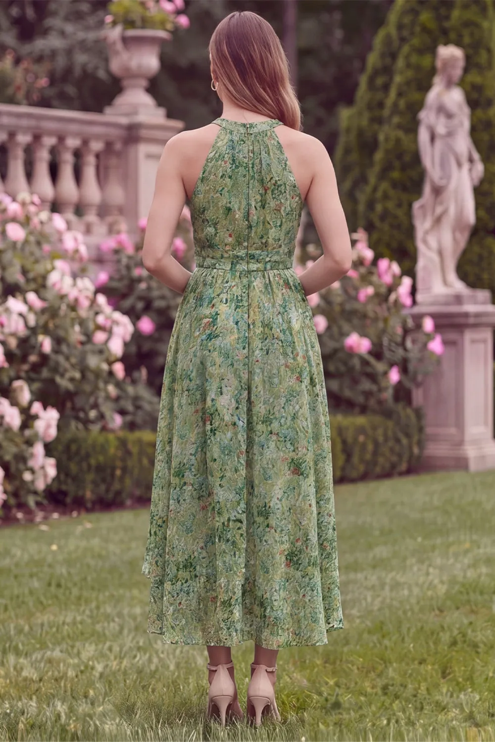 Halter A Line High Low Sage Flower Wedding Guest Dress sold by Wedtrend product image thumbnail 2