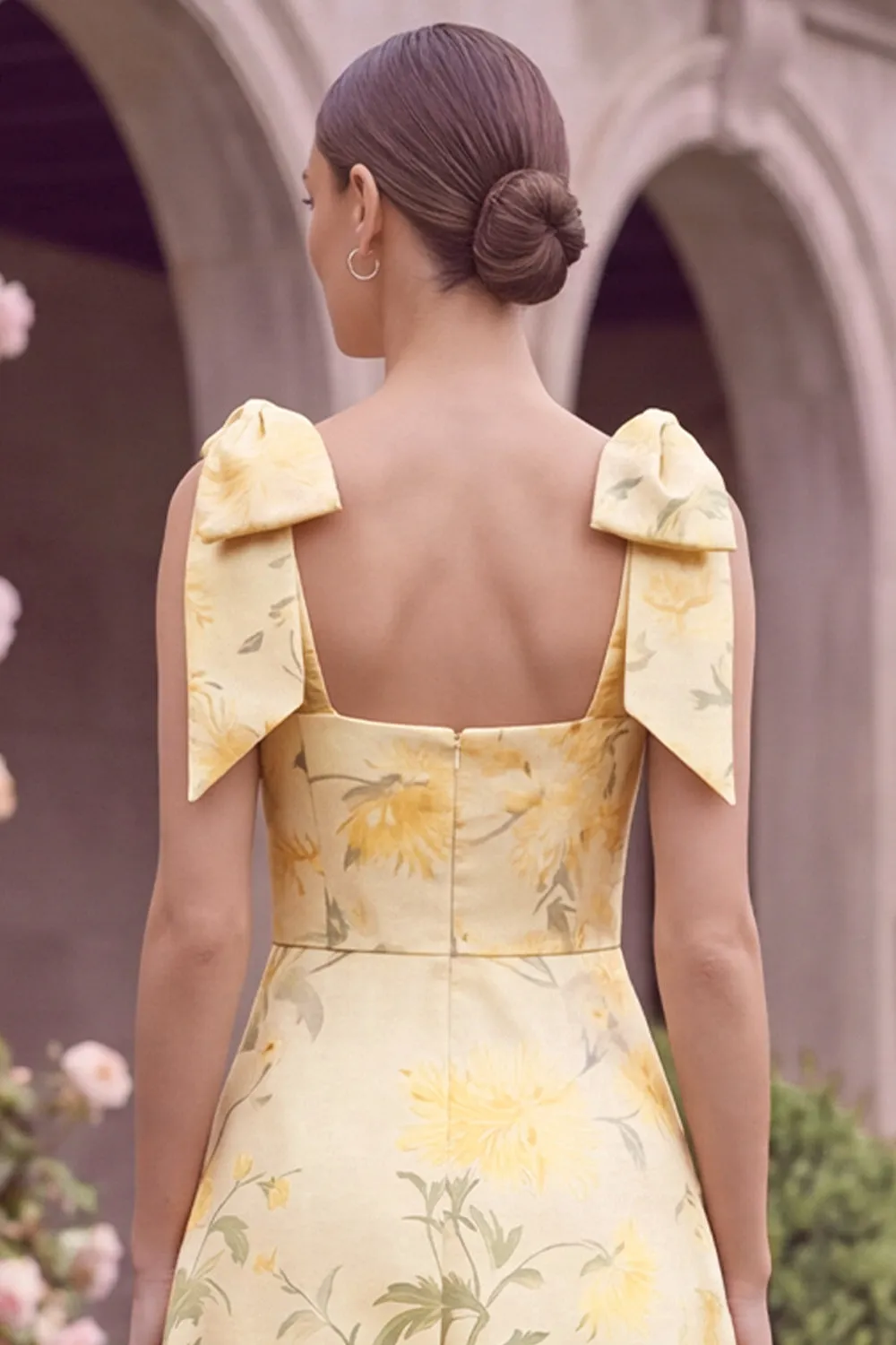 Yellow Printed Floral A Line Square Neck Wedding Guest Dress with Bows sold by Wedtrend product image thumbnail 5
