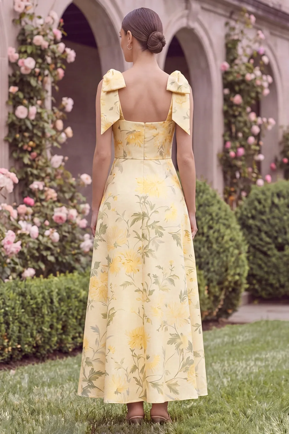 Yellow Printed Floral A Line Square Neck Wedding Guest Dress with Bows sold by Wedtrend product image thumbnail 2