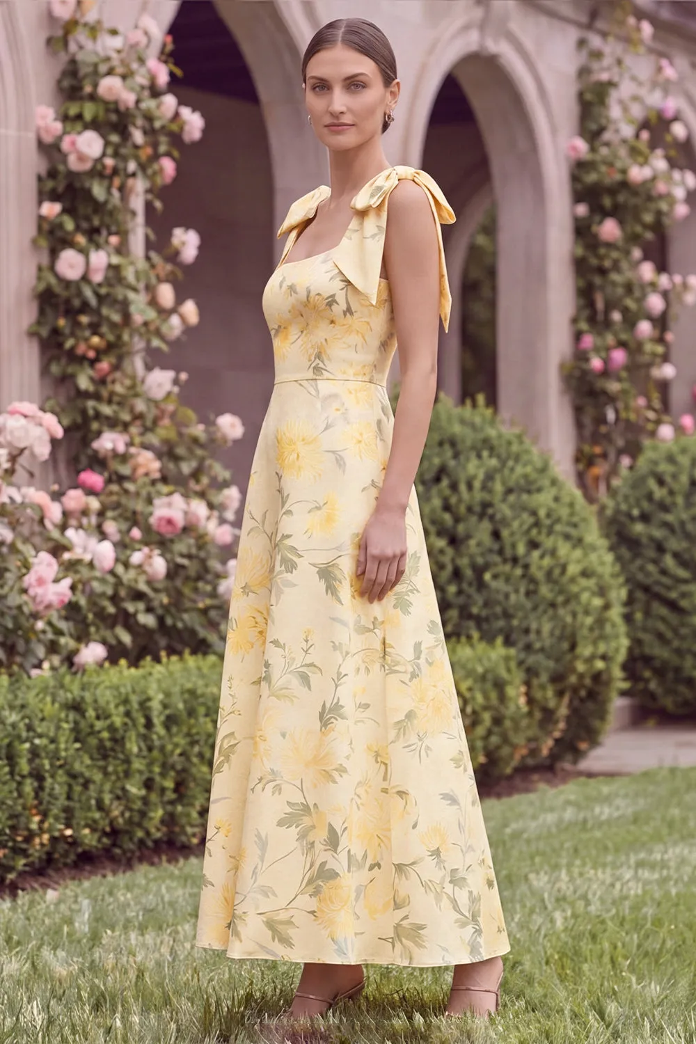 Yellow Printed Floral A Line Square Neck Wedding Guest Dress with Bows sold by Wedtrend product image thumbnail 3