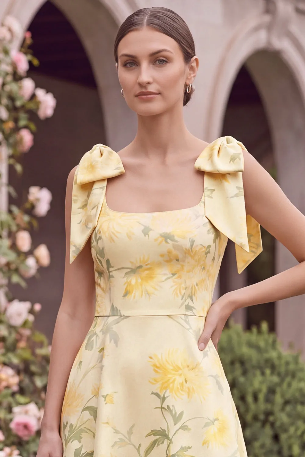 Yellow Printed Floral A Line Square Neck Wedding Guest Dress with Bows sold by Wedtrend product image thumbnail 4