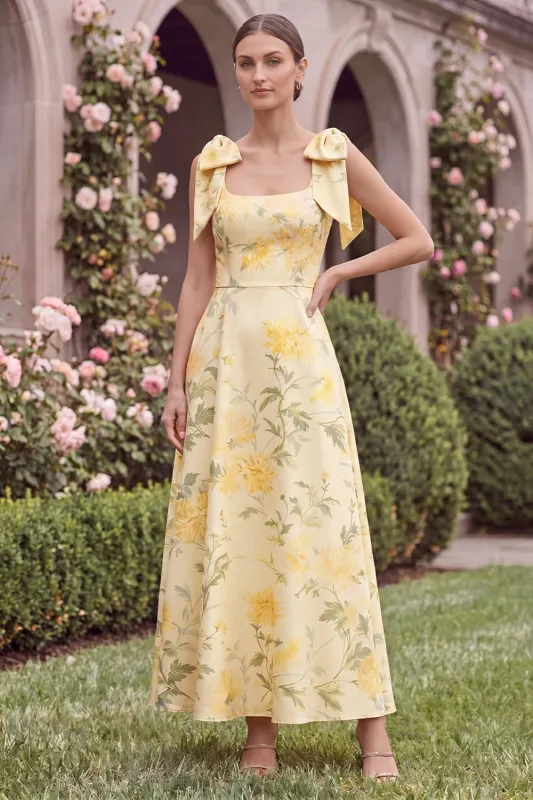 Yellow Printed Floral A Line Square Neck Wedding Guest Dress with Bows made by Wedtrend