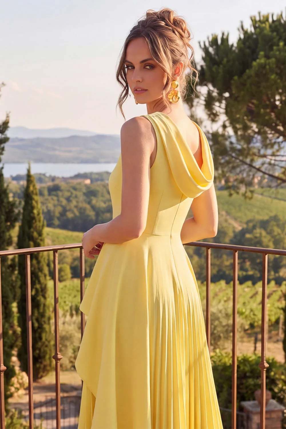 Yellow A Line Pleated Jewel Neck Midi Wedding Guest Dress sold by Wedtrend product image thumbnail 5