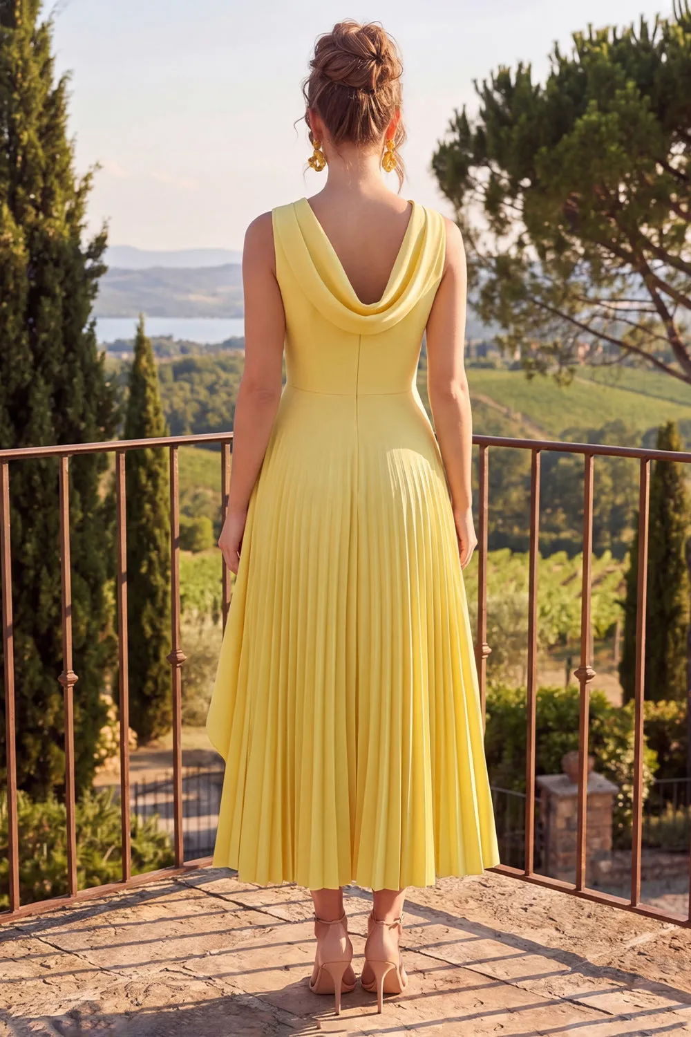 Yellow A Line Pleated Jewel Neck Midi Wedding Guest Dress sold by Wedtrend product image thumbnail 2