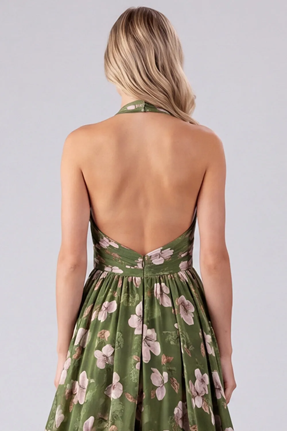 Green Floral Halter Backless A Line Maxi Dress sold by Wedtrend product image thumbnail 5