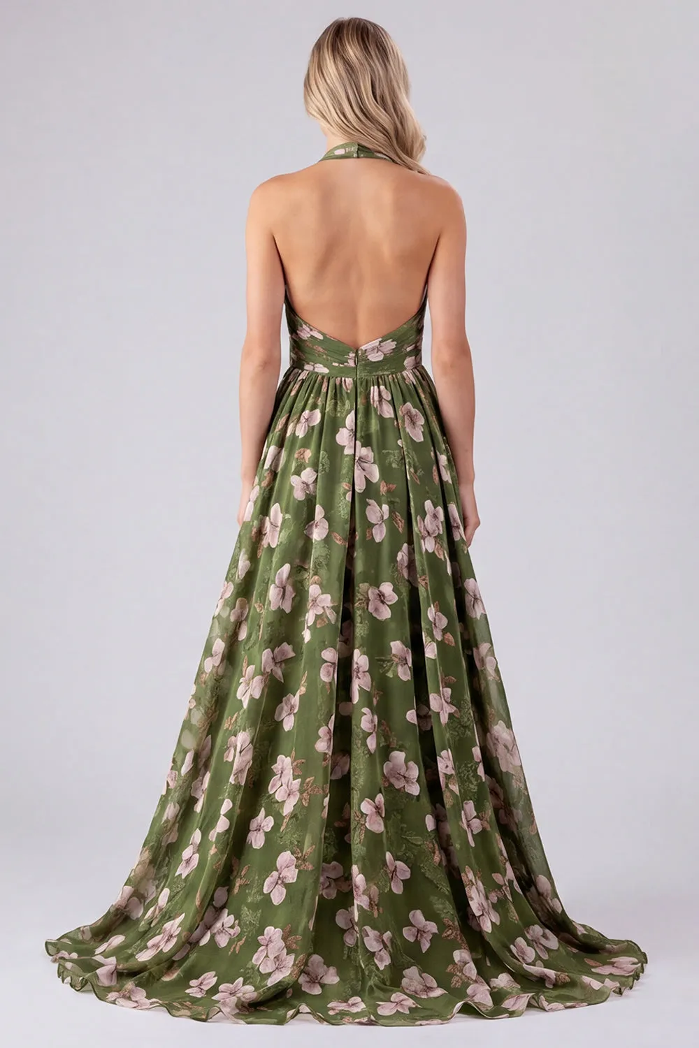 Green Floral Halter Backless A Line Maxi Dress sold by Wedtrend product image thumbnail 2