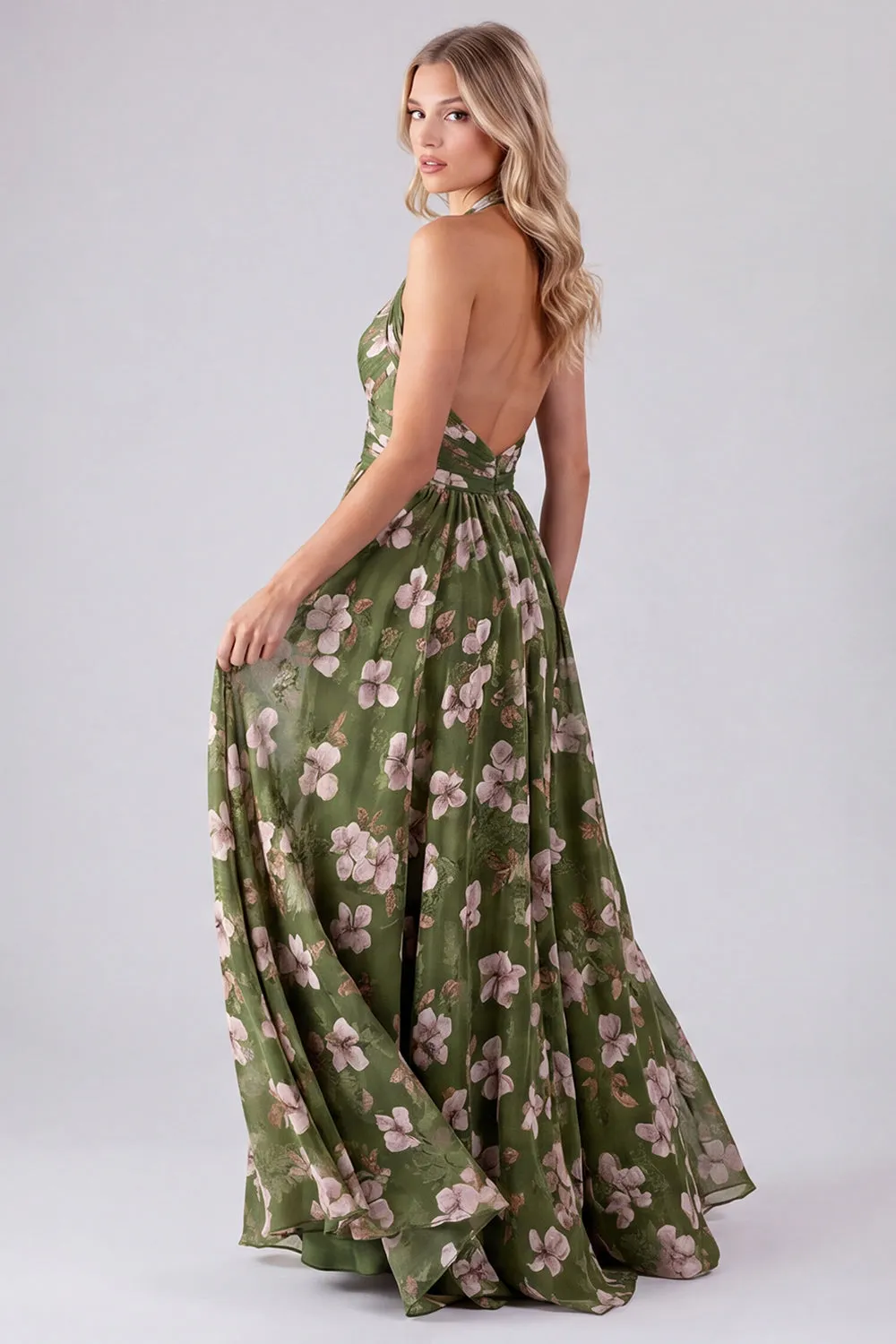 Green Floral Halter Backless A Line Maxi Dress sold by Wedtrend product image thumbnail 3