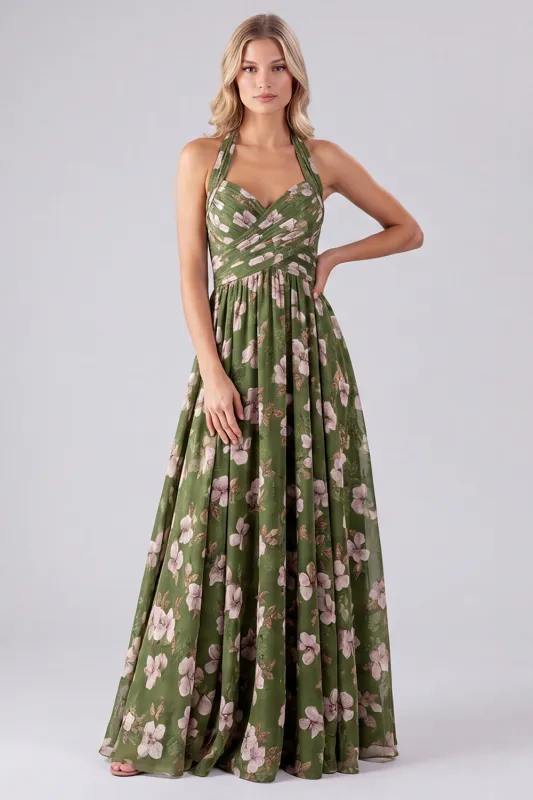 Green Floral Halter Backless A Line Maxi Dress made by Wedtrend