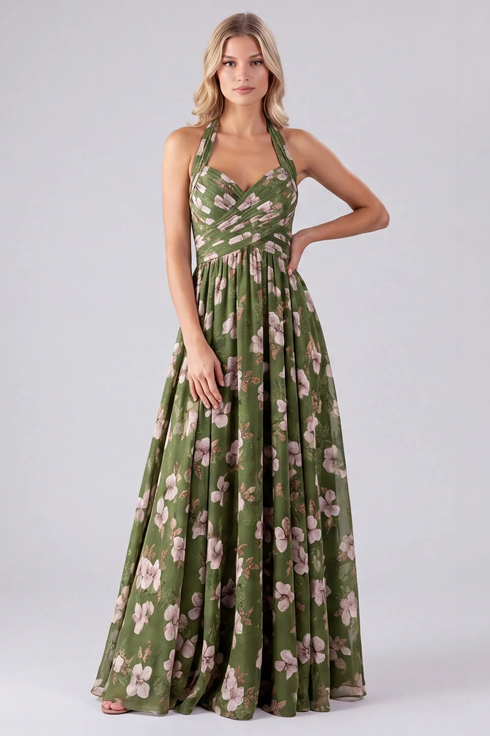 Green Floral Halter Backless A Line Maxi Dress sold by Wedtrend