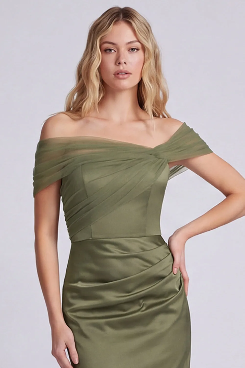 Olive Off the Shoulder Mermaid Satin Maxi Dress sold by Wedtrend product image thumbnail 4