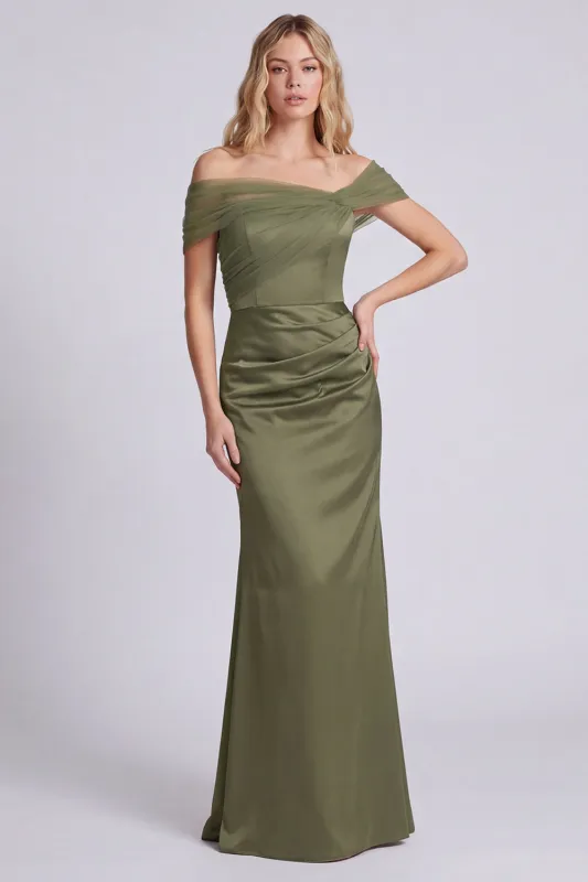 Olive Off the Shoulder Mermaid Satin Maxi Dress made by Wedtrend