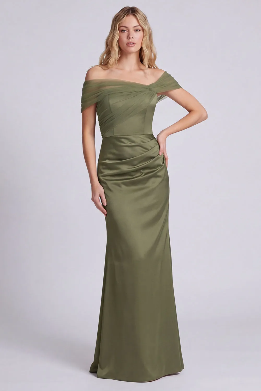 Olive Off the Shoulder Mermaid Satin Maxi Dress sold by Wedtrend