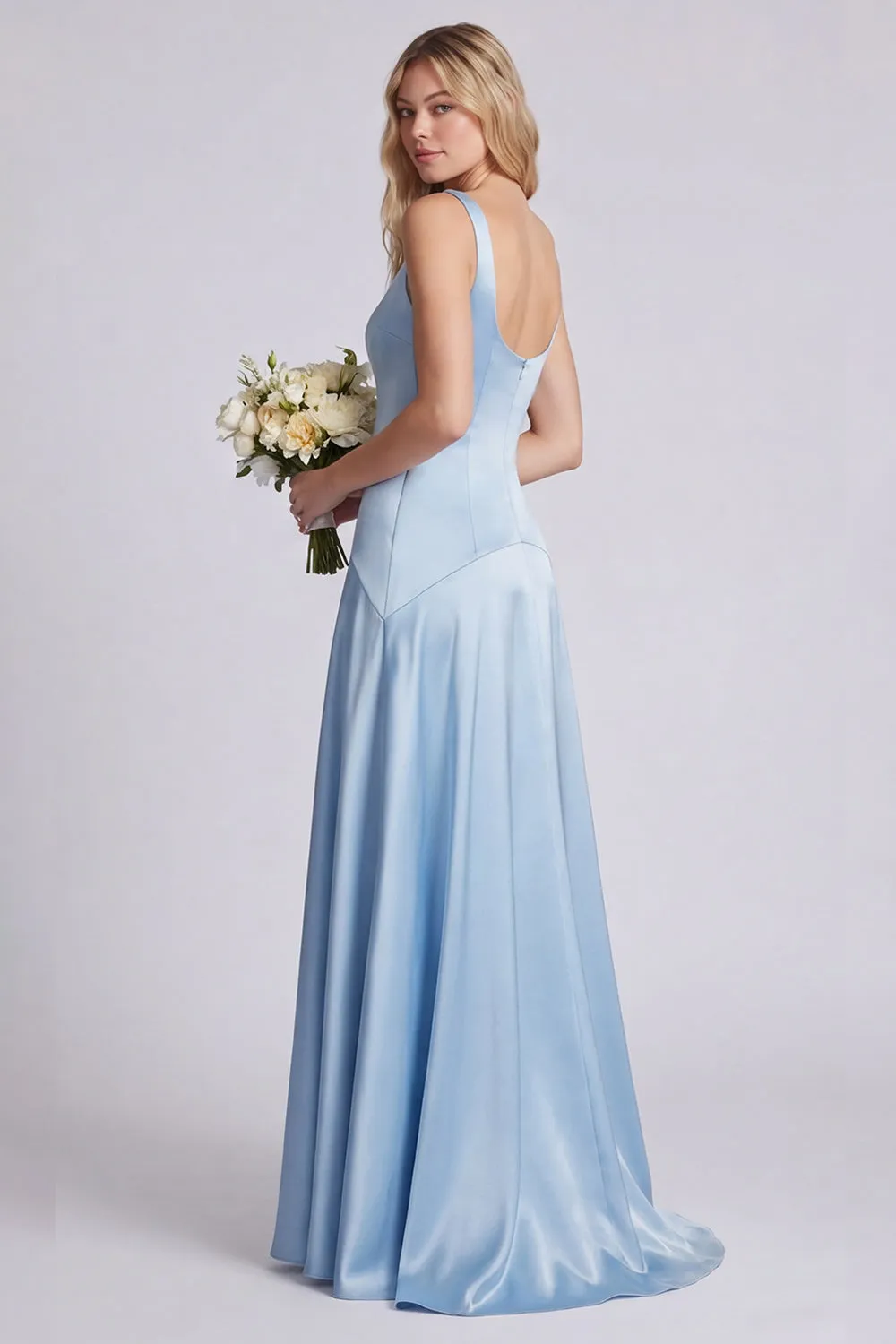 Eucalyptus Square Neck A Line Satin Long Bridesmaid Dress sold by Wedtrend product image thumbnail 3