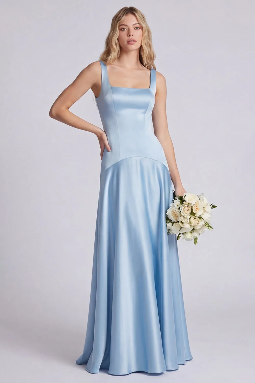 Eucalyptus Square Neck A Line Satin Long Bridesmaid Dress sold by Wedtrend