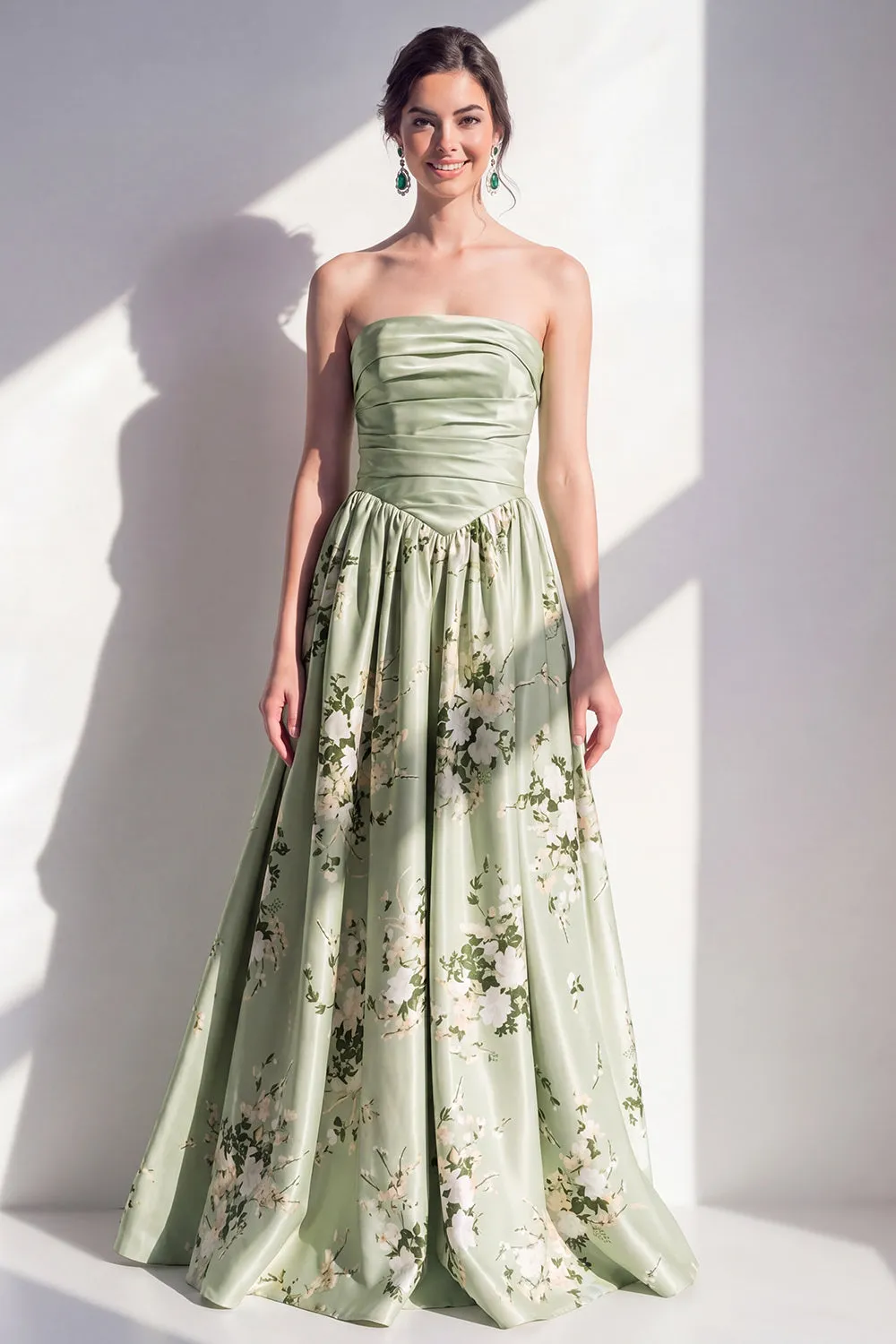 Strapless Sage Green A Line Floral Bridesmaid Dress sold by Wedtrend