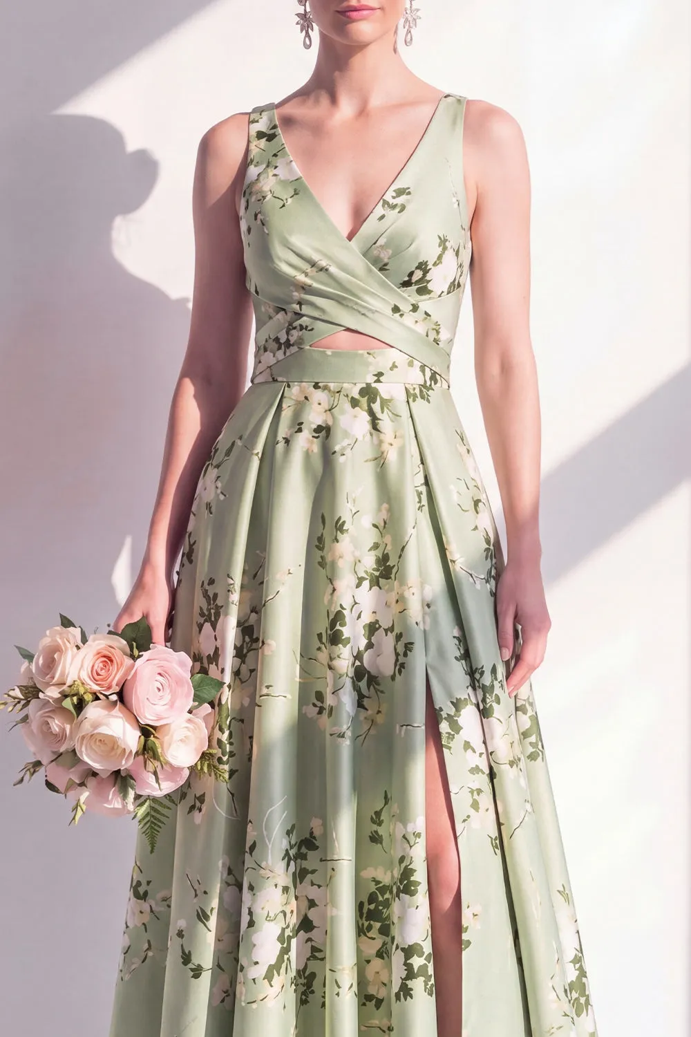 Sage Green A Line Floral Cut Out Bridesmaid Dress with Slit sold by Wedtrend product image thumbnail 3
