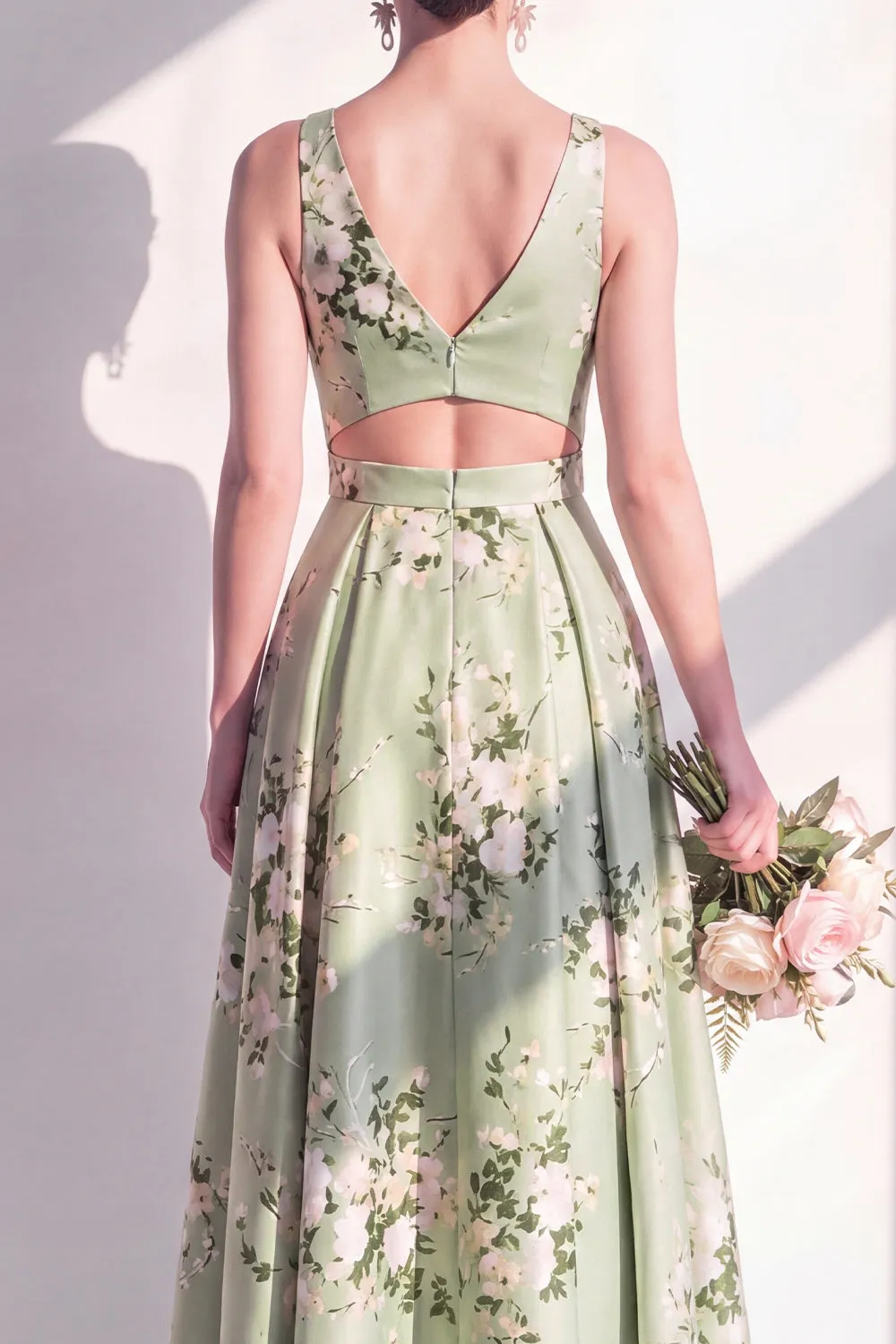 Sage Green A Line Floral Cut Out Bridesmaid Dress with Slit sold by Wedtrend product image thumbnail 4