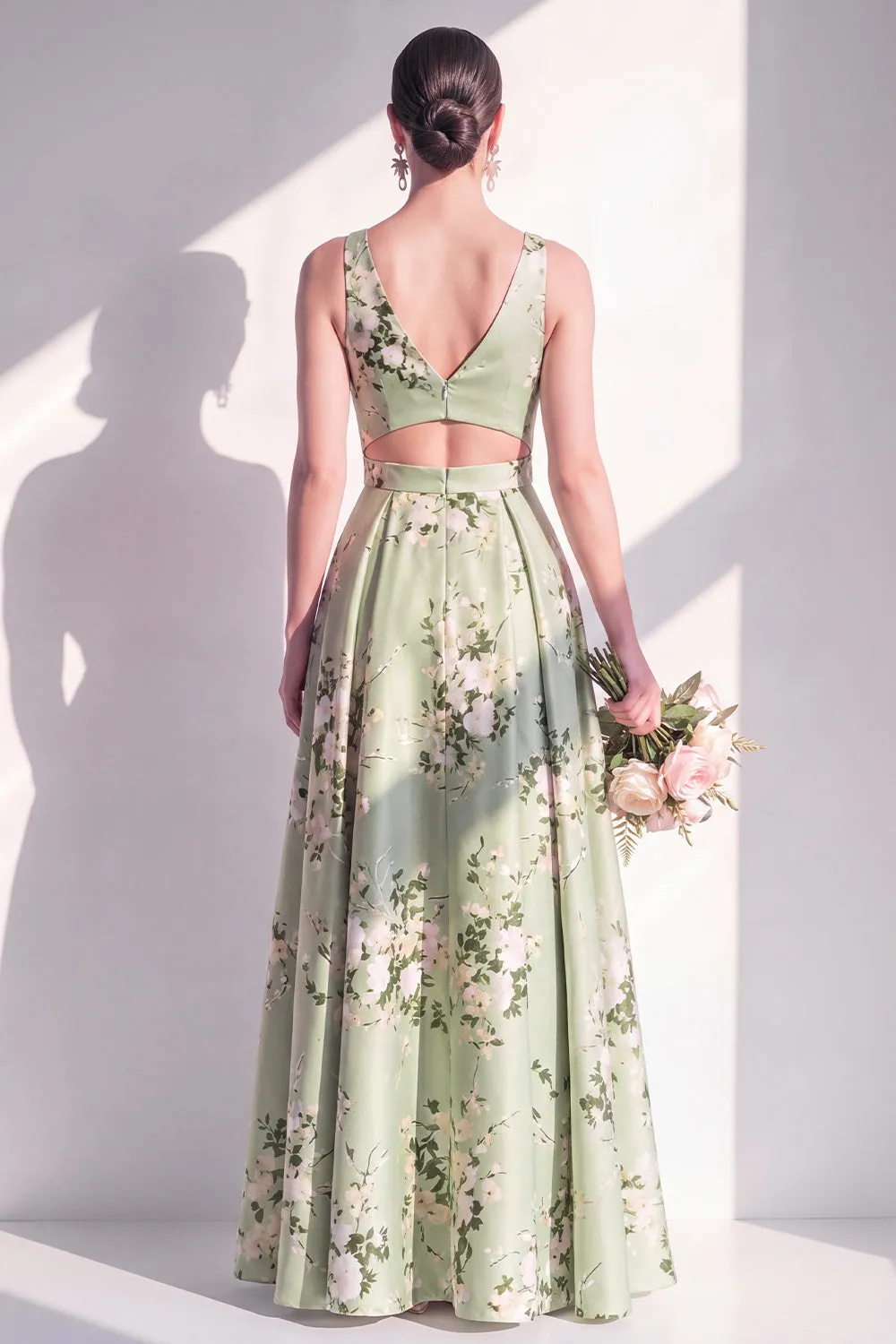 Sage Green A Line Floral Cut Out Bridesmaid Dress with Slit sold by Wedtrend product image thumbnail 2