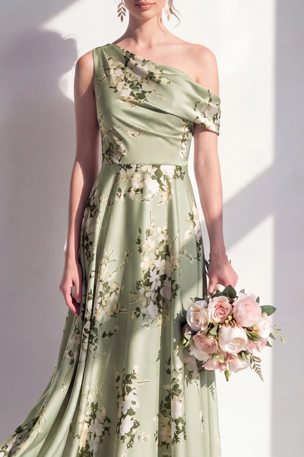 One Shoulder Sage Green A Line Satin Floral Bridesmaid Dress sold by Wedtrend product image thumbnail 3