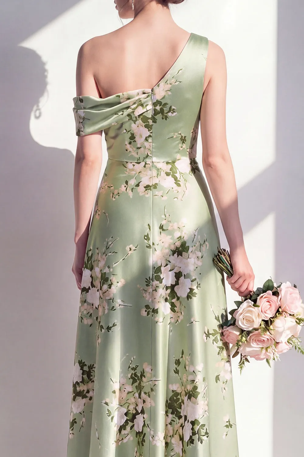 One Shoulder Sage Green A Line Satin Floral Bridesmaid Dress sold by Wedtrend product image thumbnail 4