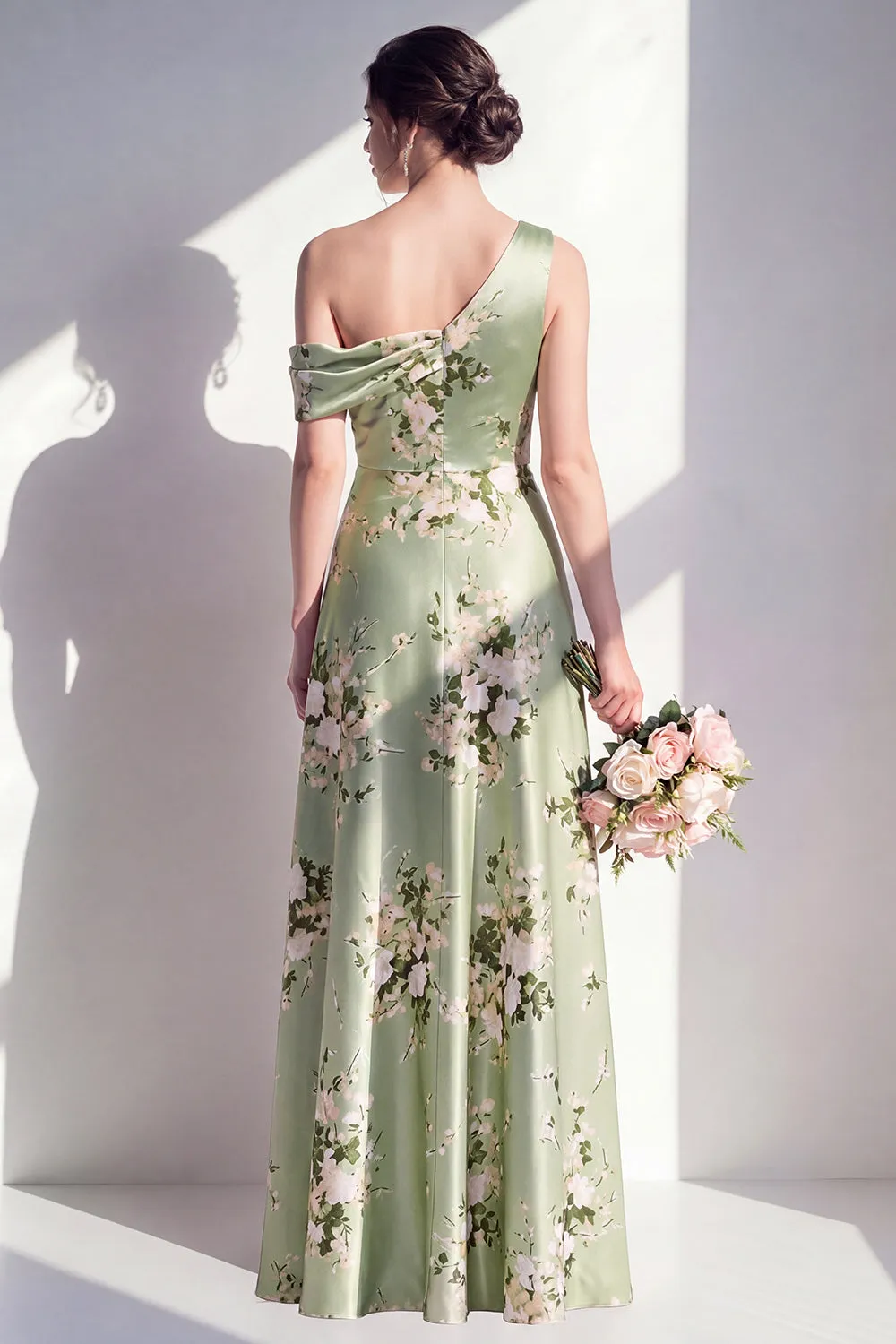 One Shoulder Sage Green A Line Satin Floral Bridesmaid Dress sold by Wedtrend product image thumbnail 2