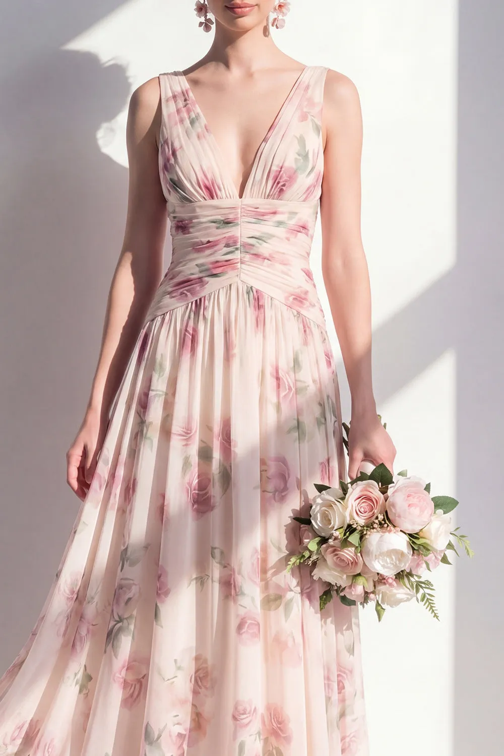 Aprioct Printed Floral Ruched A Line Bridesmaid Dress sold by Wedtrend product image thumbnail 3