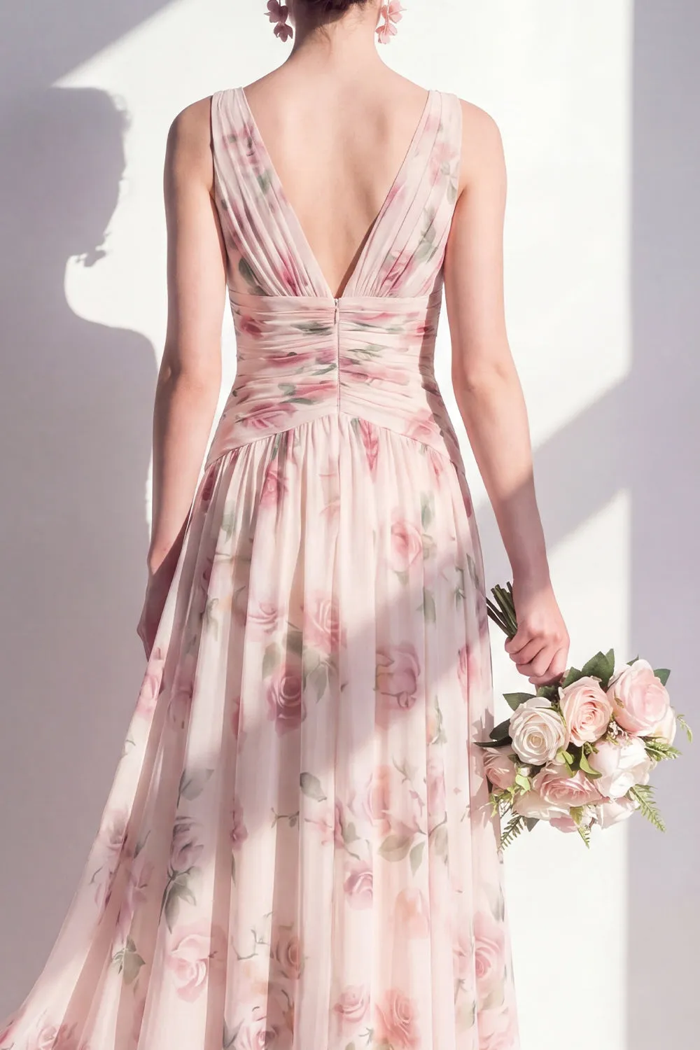 Aprioct Printed Floral Ruched A Line Bridesmaid Dress sold by Wedtrend product image thumbnail 4