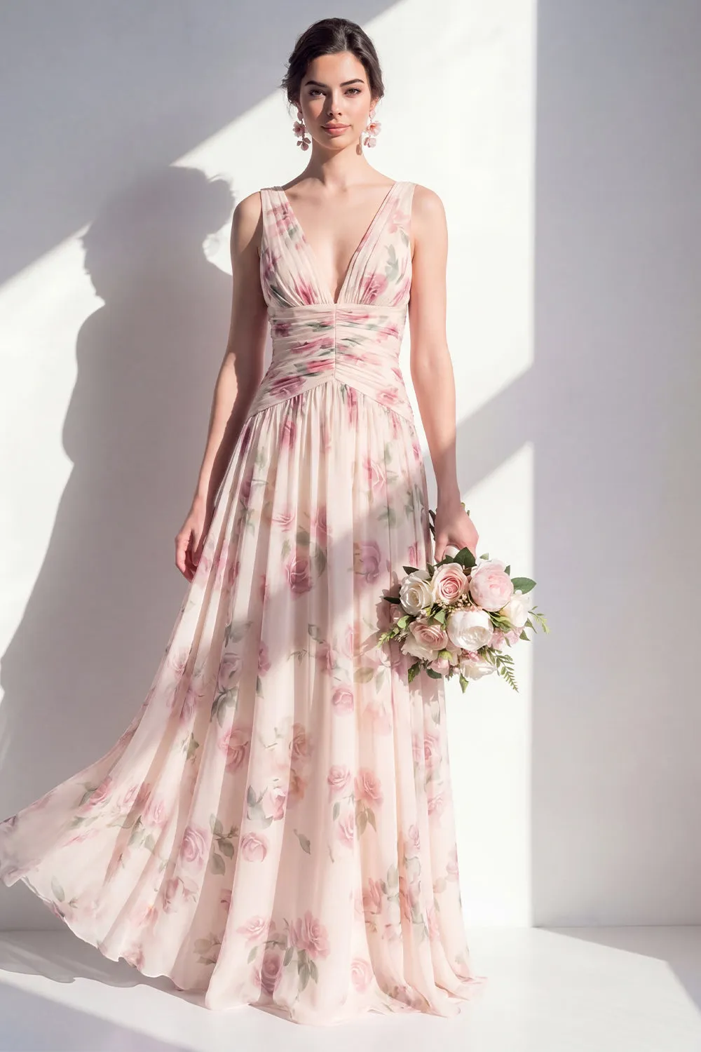 Aprioct Printed Floral Ruched A Line Bridesmaid Dress sold by Wedtrend