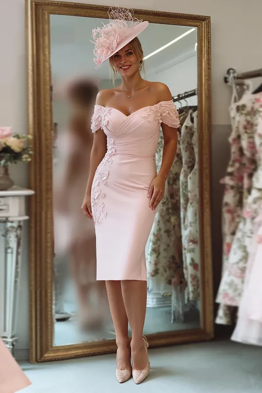 Off the Shoulder Appliqued Blush Pink Mother of Bride Dress made by Wedtrend