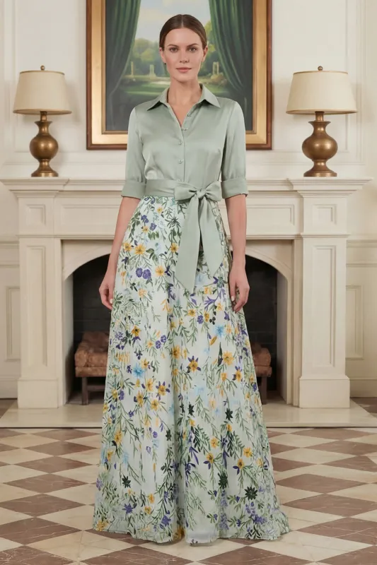 Sage Green Floral A Line Notched Lapel Long Mother Of The Bride Dress made by Wedtrend