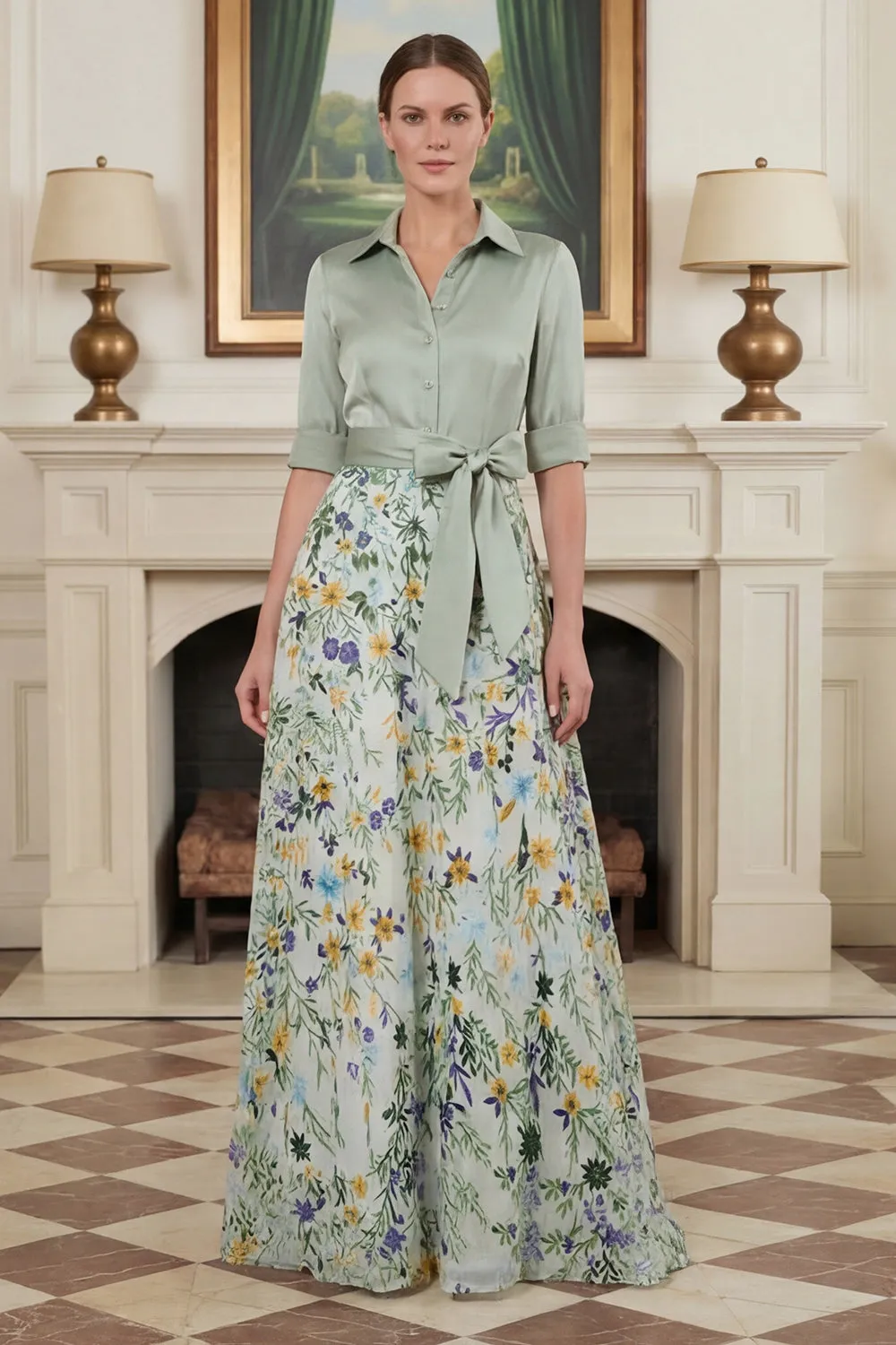 Sage Green Floral A Line Notched Lapel Long Mother Of The Bride Dress sold by Wedtrend