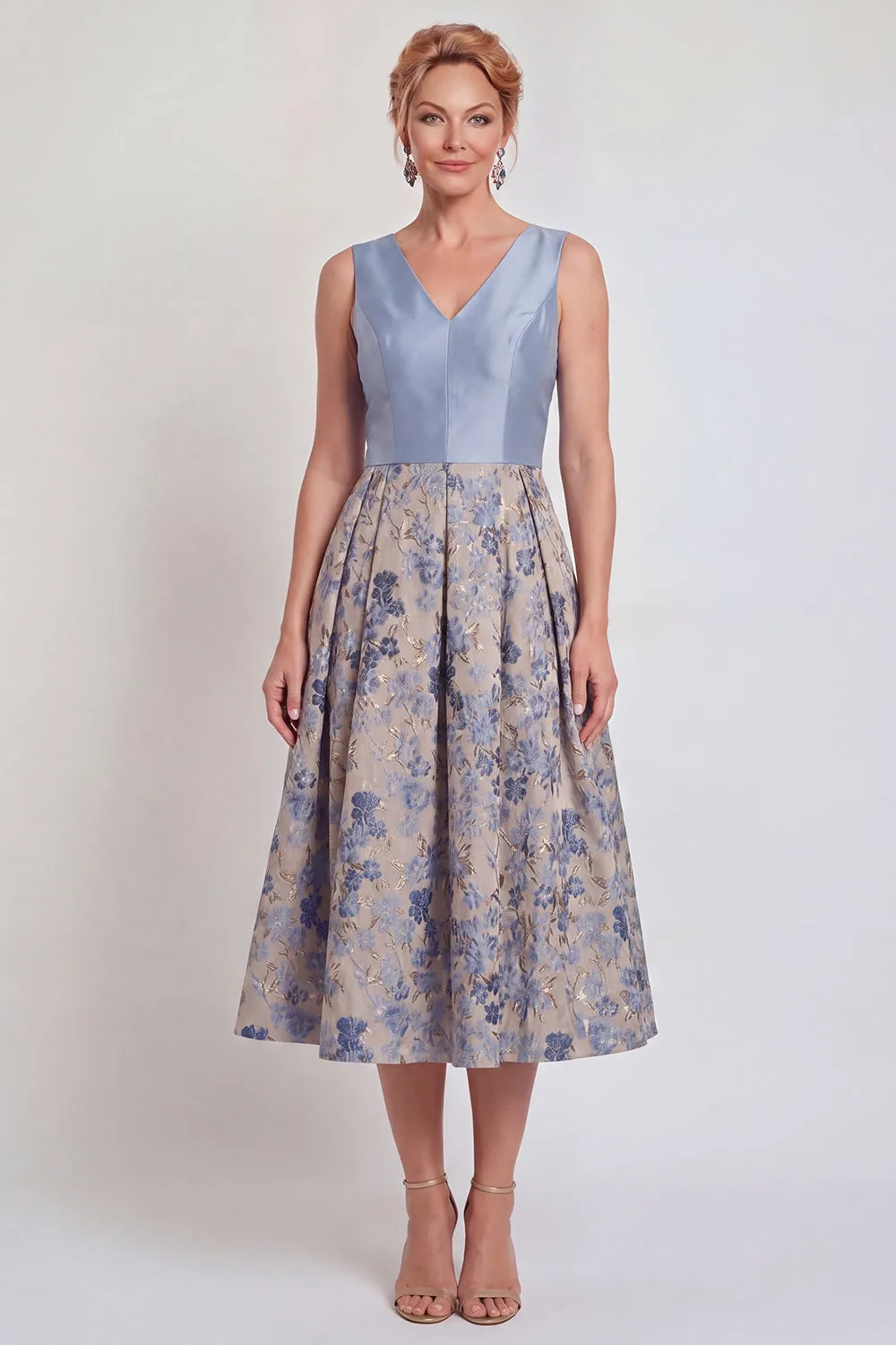 Jacquard V-Neck Navy Midi Mother of the Bride Dress sold by Wedtrend product image thumbnail 5