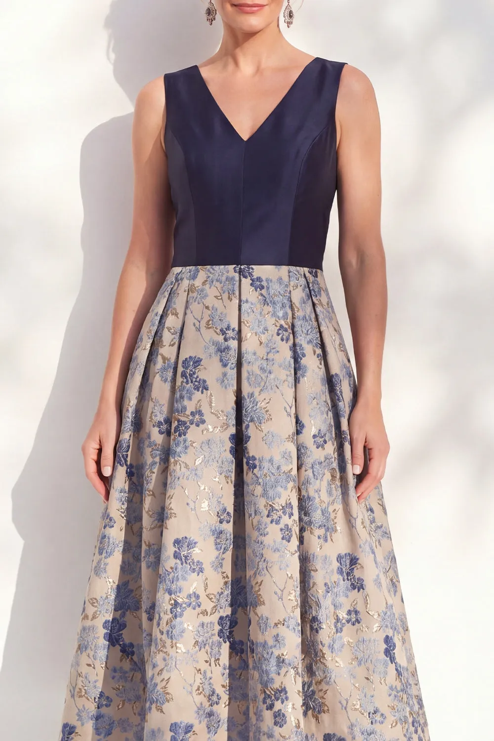 Jacquard V-Neck Navy Midi Mother of the Bride Dress sold by Wedtrend product image thumbnail 3