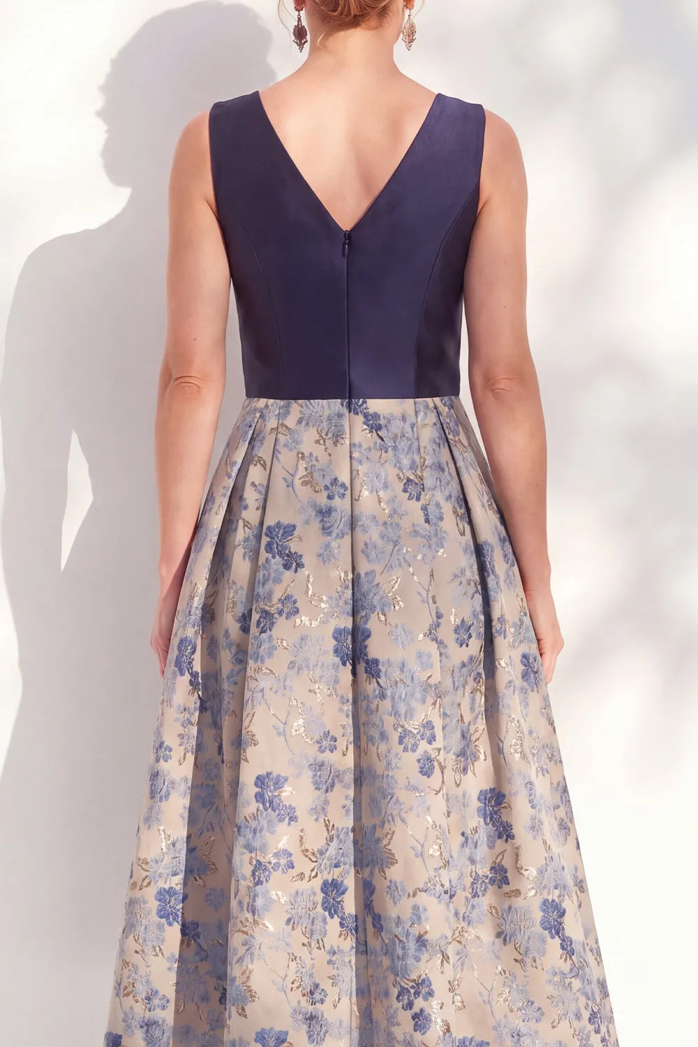 Jacquard V-Neck Navy Midi Mother of the Bride Dress sold by Wedtrend product image thumbnail 4