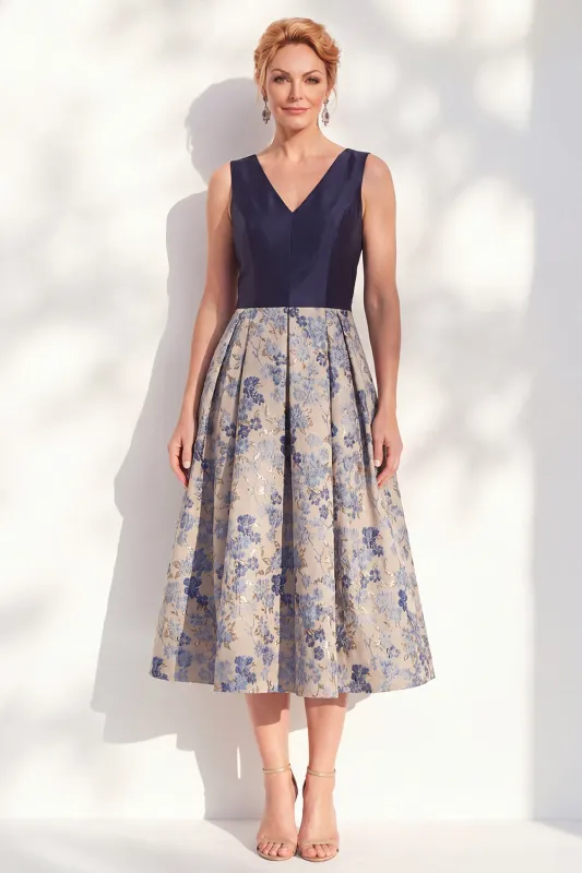 Jacquard V-Neck Navy Midi Mother of the Bride Dress made by Wedtrend