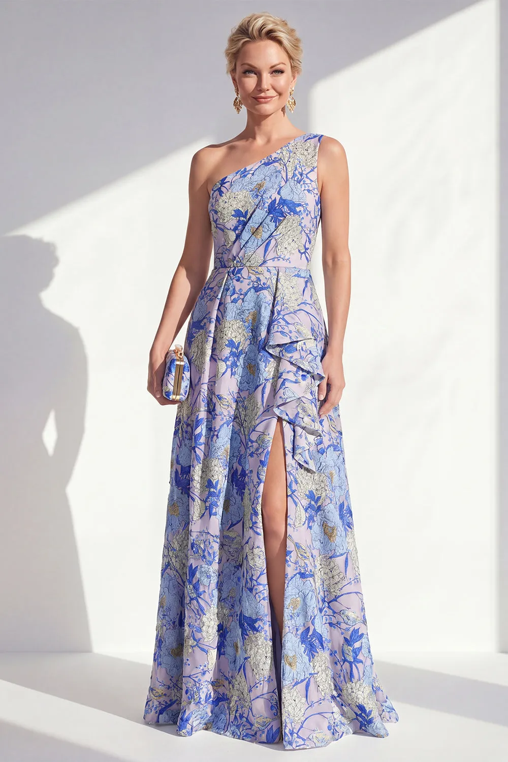One Shoulder Blue Floral Mother of the Bride Dress with Slit sold by Wedtrend