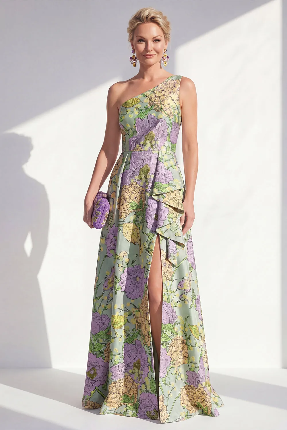 One Shoulder Blue Floral Mother of the Bride Dress with Slit sold by Wedtrend product image thumbnail 5